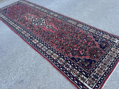 Vintage Wool Runner Rug 3x11: Oriental Hand Knotted, Navy and Faded Red