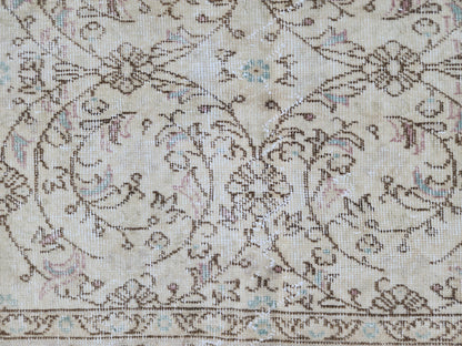 7x10 Vintage Oushak Rug: Hand-Knotted Wool, Distressed Beige Carpet