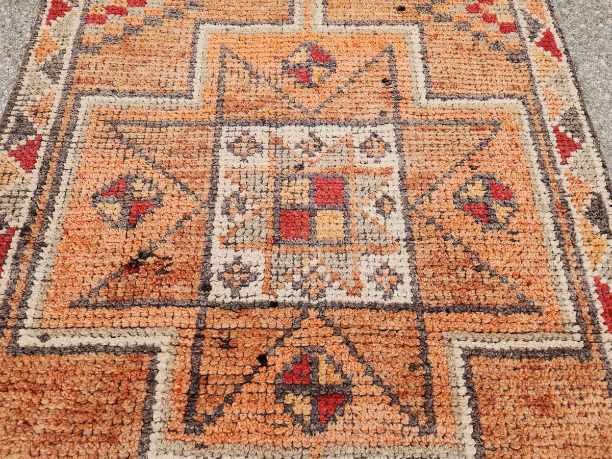 Orange Herki Runner Rug 3x11, Wool on Wool Oriental Decor, Turkish Hand Made, Kitchen Decor