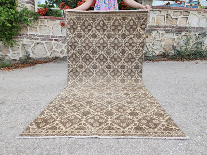 3x7 Vintage Area Rug, Brown Geometric Design Carpet, Hand Made Turkish Wool
