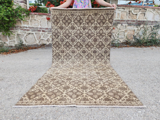 3x7 Vintage Area Rug, Brown Geometric Design Carpet, Hand Made Turkish Wool
