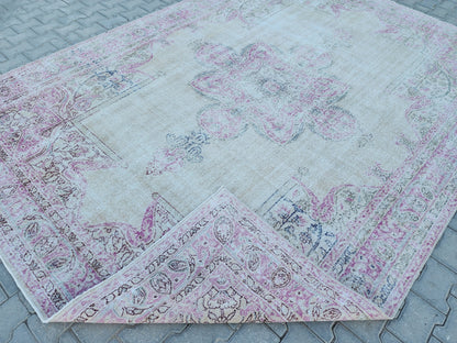 8x11 Vintage Oushak Rug: Pink Wool Turkish Rug