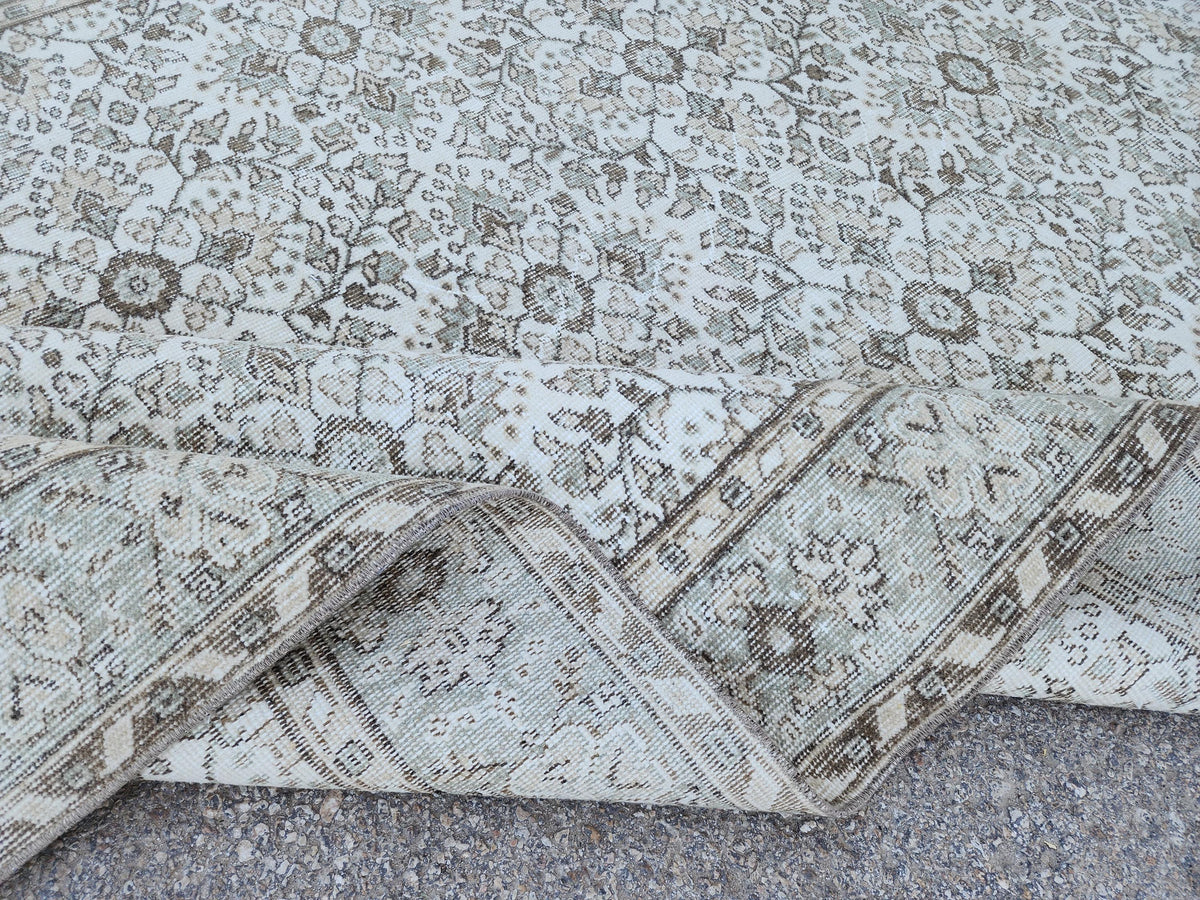 6x10 Vintage Oushak Rug: Handwoven Neutral Wool, Turkish Floral Design Isparta Rug