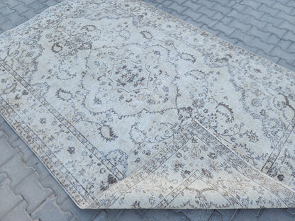 6x9 Oushak Wool Rug: Blue Turkish Vintage Area Rug