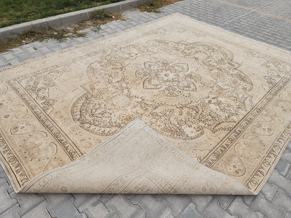 9x12 Vintage Turkish Oushak Rug: Hand Knotted Wool, Gray Cream