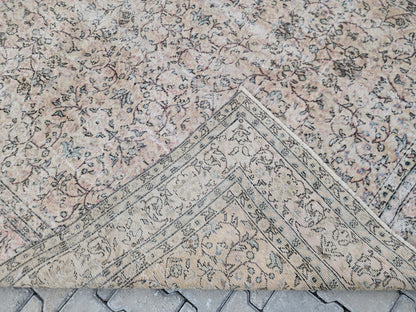7x10 Vintage Turkish Rug: Beige and Pink Oriental Oushak Rug