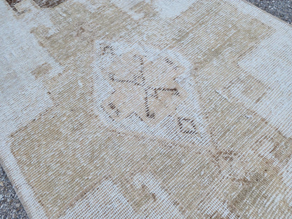 Neutral Turkish Runner Rug 3x12: Handcrafted Oushak Rug