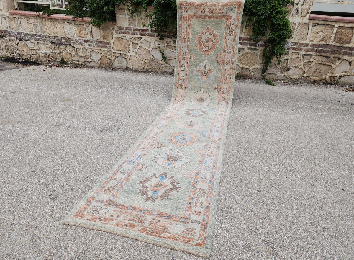 3x13 Oushak Runner Rug: Handwoven Turkish Wool, Soft Green, Eco Friendly