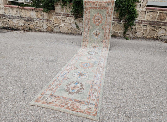 3x13 Oushak Runner Rug: Handwoven Turkish Wool, Soft Green, Eco Friendly