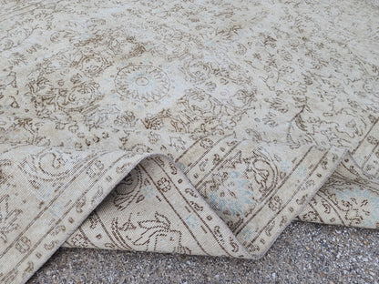 Handwoven Turkish Oushak Rug 7x10: Beige Wool, Rustic Decor