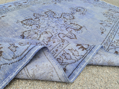 Vintage Blue Turkish Oushak Rug 5x9: Handwoven Wool Area Rug