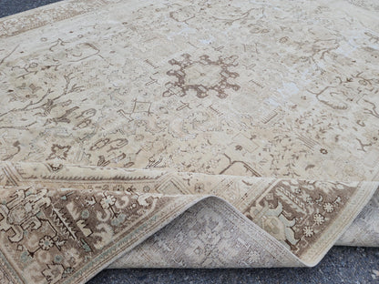 8x12 Neutral Heriz Area Rug, Hand Knotted Up Cycled Wool, Living Room Bohemian Decor