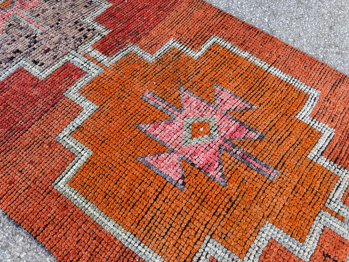 3x12 Oriental Herki Runner: Vintage Handwoven Wool in Burnt Orange & Brown with Geometric Motifs
