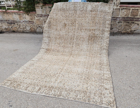 Hand Knotted Wool Rug 6x10: Beige Turkish Oushak Rug