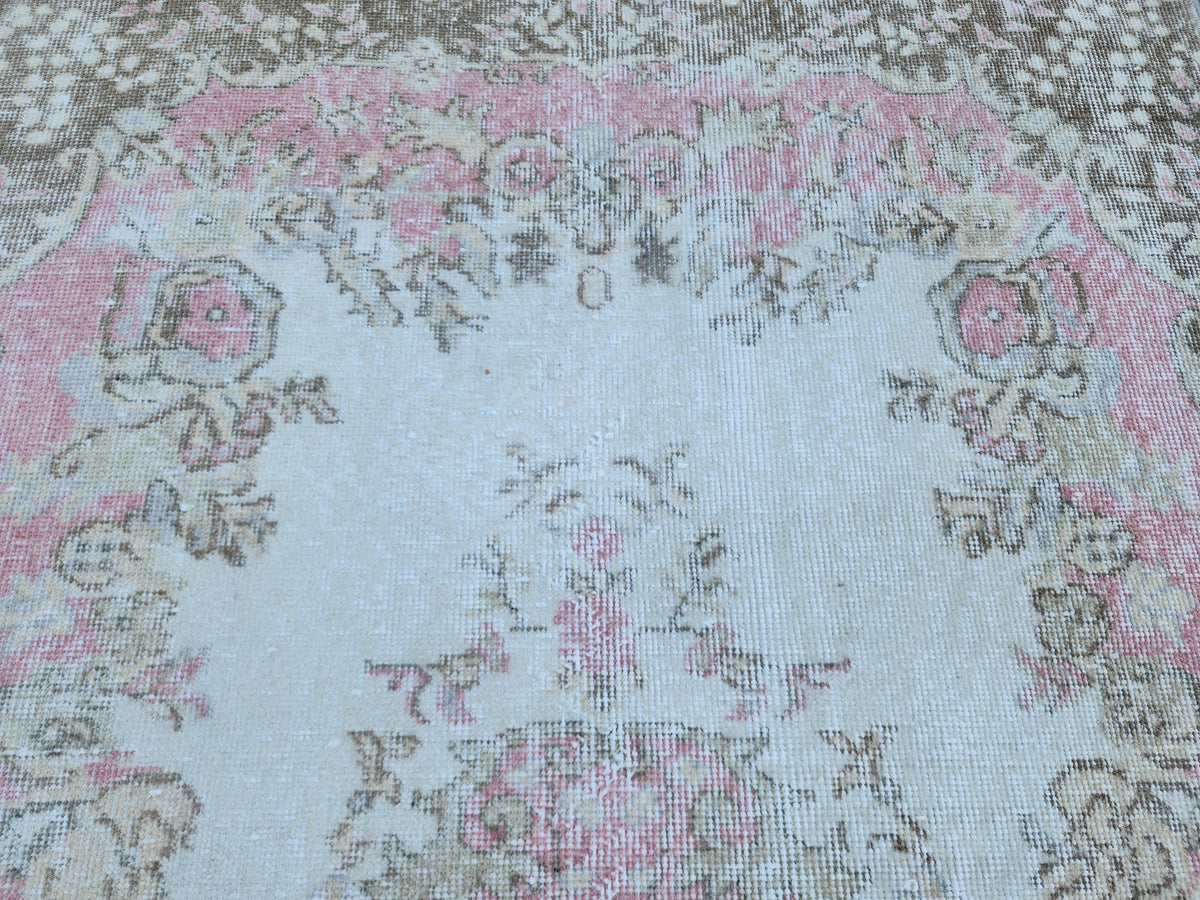 Handwoven Turkish Oushak Rug 4x7: Pink Rose Wool Rug