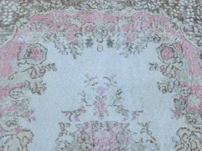 Handwoven Turkish Oushak Rug 4x7: Pink Rose Wool Rug