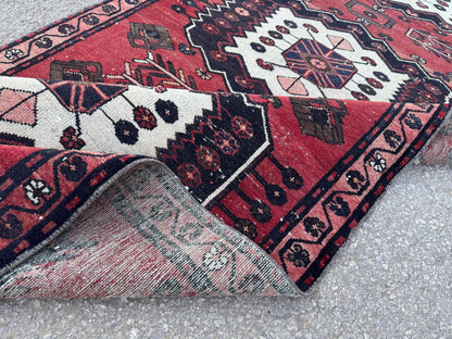 3x9 Vintage Wool Runner Rug: Hand Made, Persian Geometric Design, Medallion Pattern
