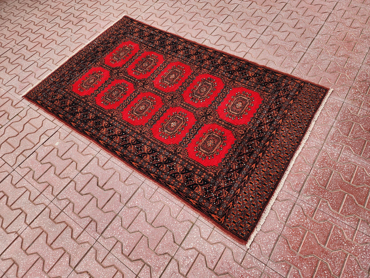 Hand Knotted Wool Turkish Rug 3x5: Red Bohemian Oushak Rug