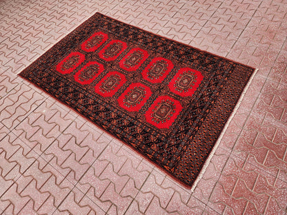 Hand Knotted Wool Turkish Rug 3x5: Red Bohemian Oushak Rug