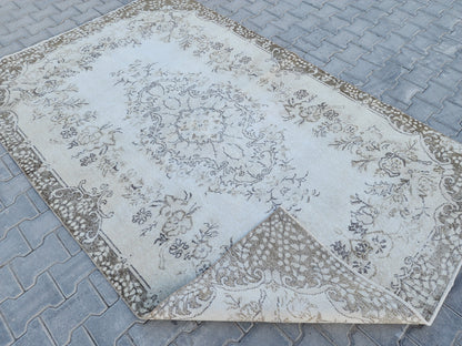 Vintage Oushak Rug 6x9: Beige Medallion Handmade Wool Carpet