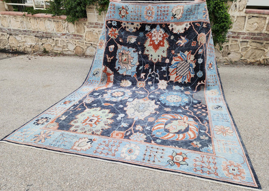 8x10.5 ft Turkish Oushak Wool Rug – Navy & Blue, Living Room