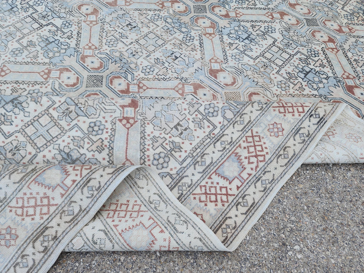 6x9 Neutral Turkish Rug: Geometric Wool & Cotton, Rustic Dining Room Decor
