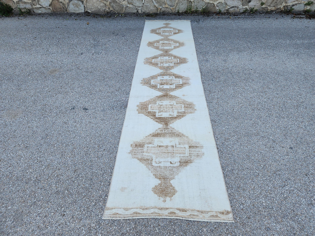 3x13 Handmade Wool Turkish Runner Rug: Neutral Beige Living Room Decor
