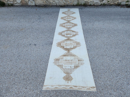 3x13 Handmade Wool Turkish Runner Rug: Neutral Beige Living Room Decor
