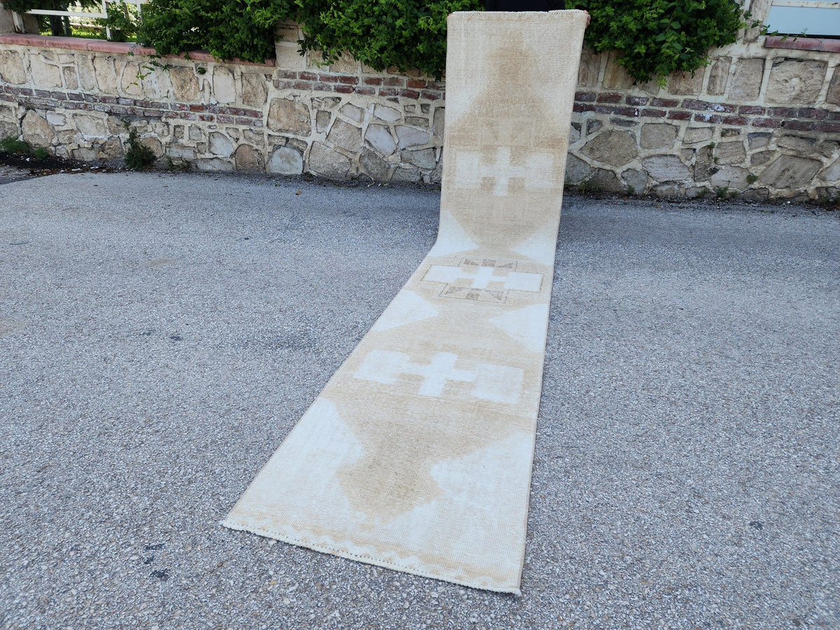2x13 Neutral Turkish Runner Rug: Boho Hallway Decor