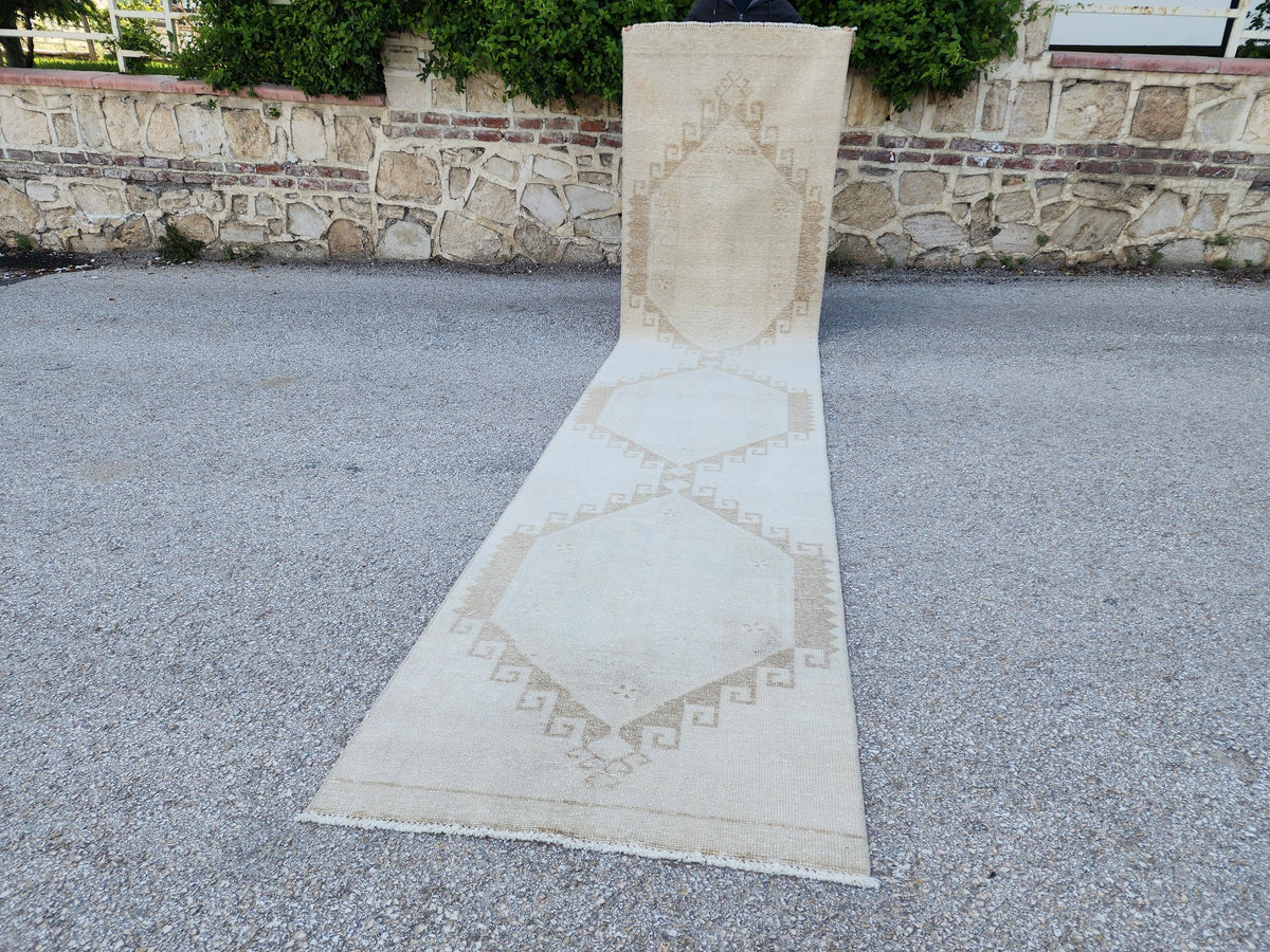 3x14 Neutral Hand-Knotted Turkish Runner Rug, Wool Hallway & Entryway Rug, Rustic Decor