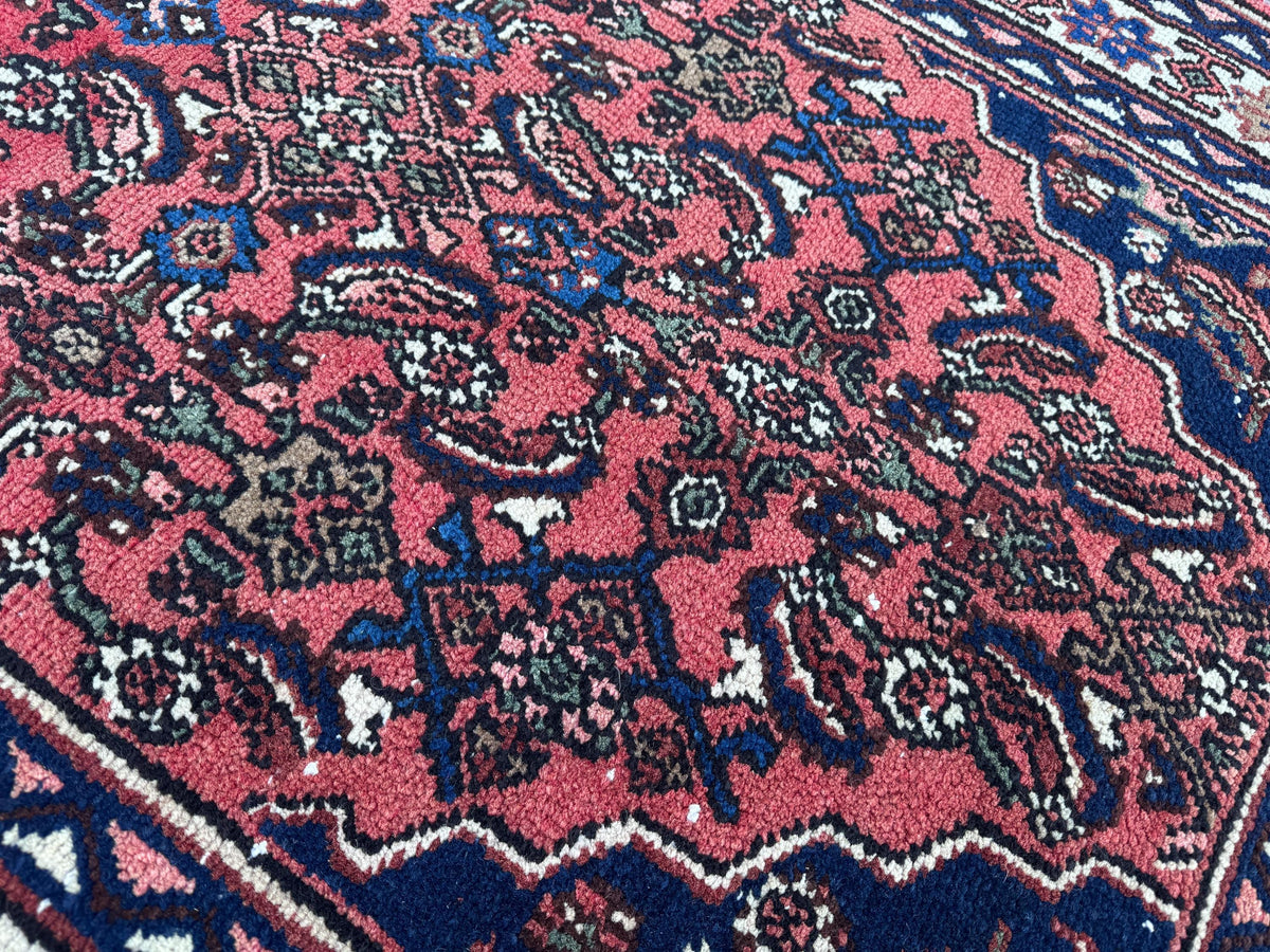 Vintage Wool Runner Rug 3x11: Oriental Hand Knotted, Navy and Faded Red