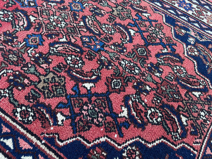 Vintage Wool Runner Rug 3x11: Oriental Hand Knotted, Navy and Faded Red