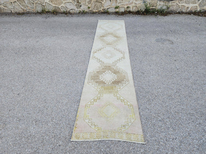2x12 Neutral Rug, Hand Knotted Wool Turkish Runner, Farmhouse Stair Decor