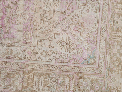 Vintage Hand Knotted Wool Rug 9×12 ft, Beige Geometric Oriental Persian Traditional Carpet