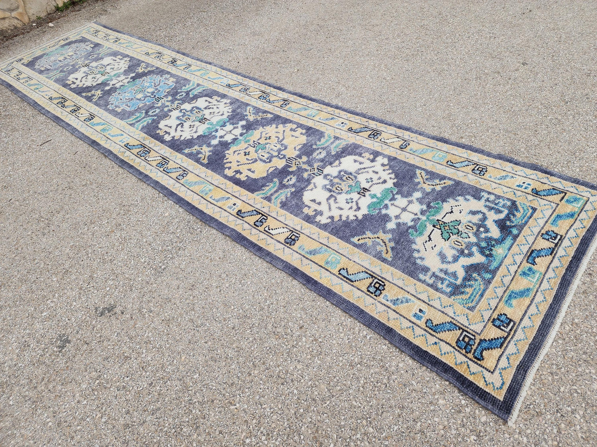 3x13 Turkish Runner, Up Cycled Wool Oushak Hand Made, Ocean Breeze Patina Blue Rug