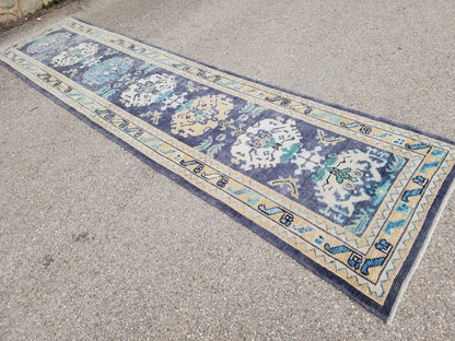 3x13 Turkish Runner, Up Cycled Wool Oushak Hand Made, Ocean Breeze Patina Blue Rug