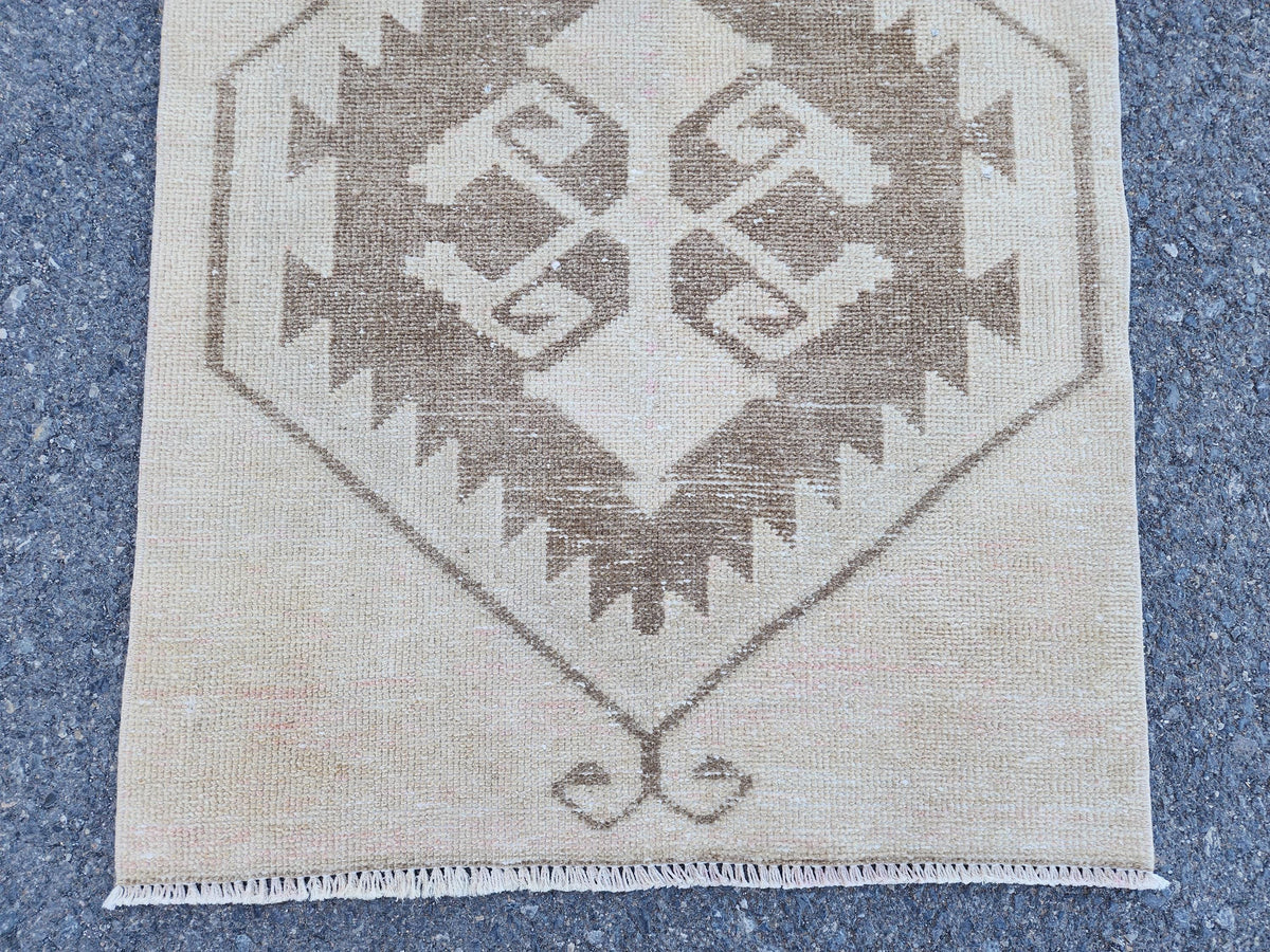 Geometric Neutral Rug 3x14, Beige Wool Hand Woven Rustic Decor, Gift for Her