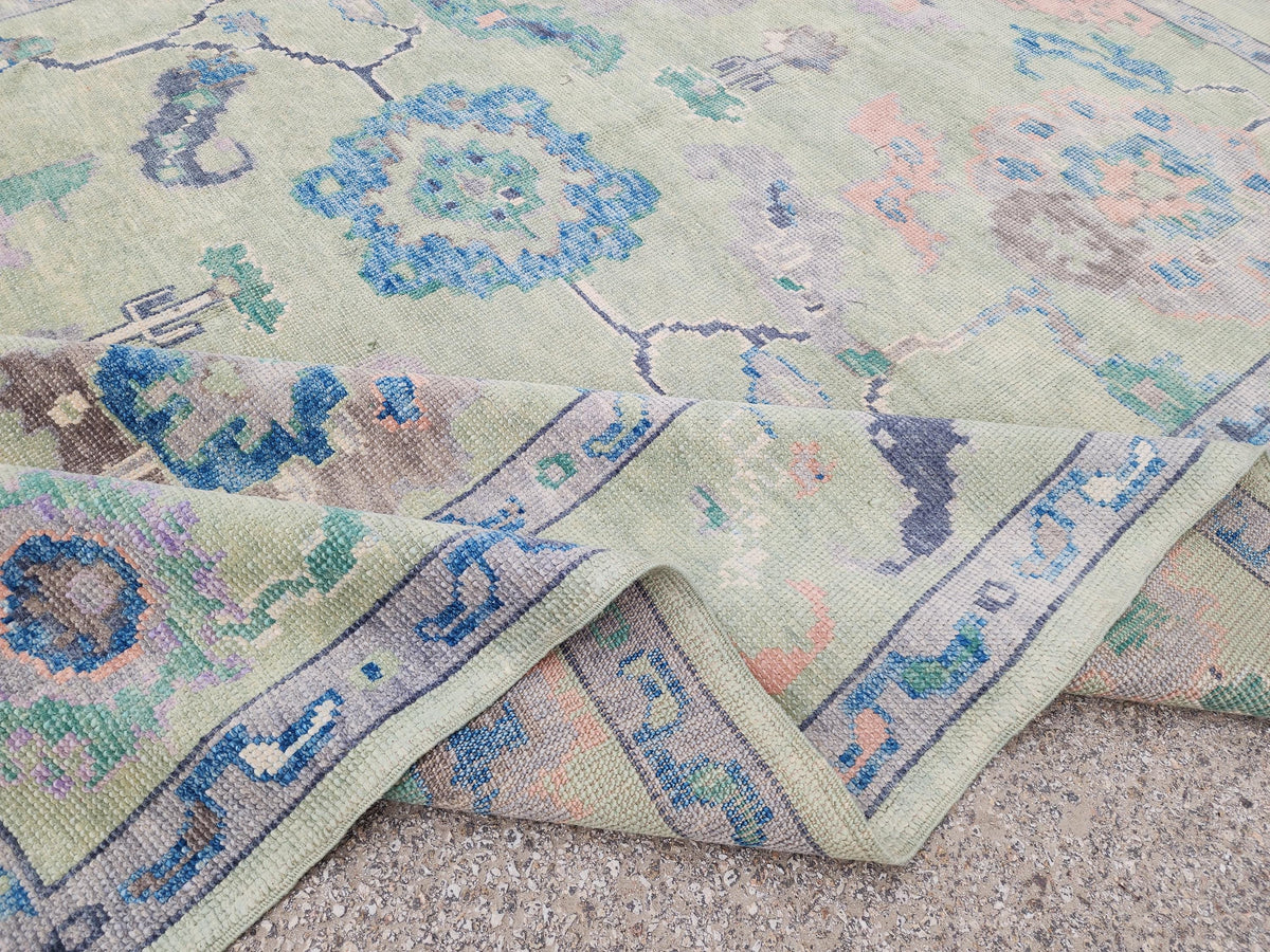 8x10 Oushak Rug: Eco Friendly Carpet,Handwoven Turkish Wool, Pastel Green Vintage Style
