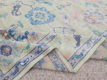8x10 Oushak Rug: Eco Friendly Carpet,Handwoven Turkish Wool, Pastel Green Vintage Style