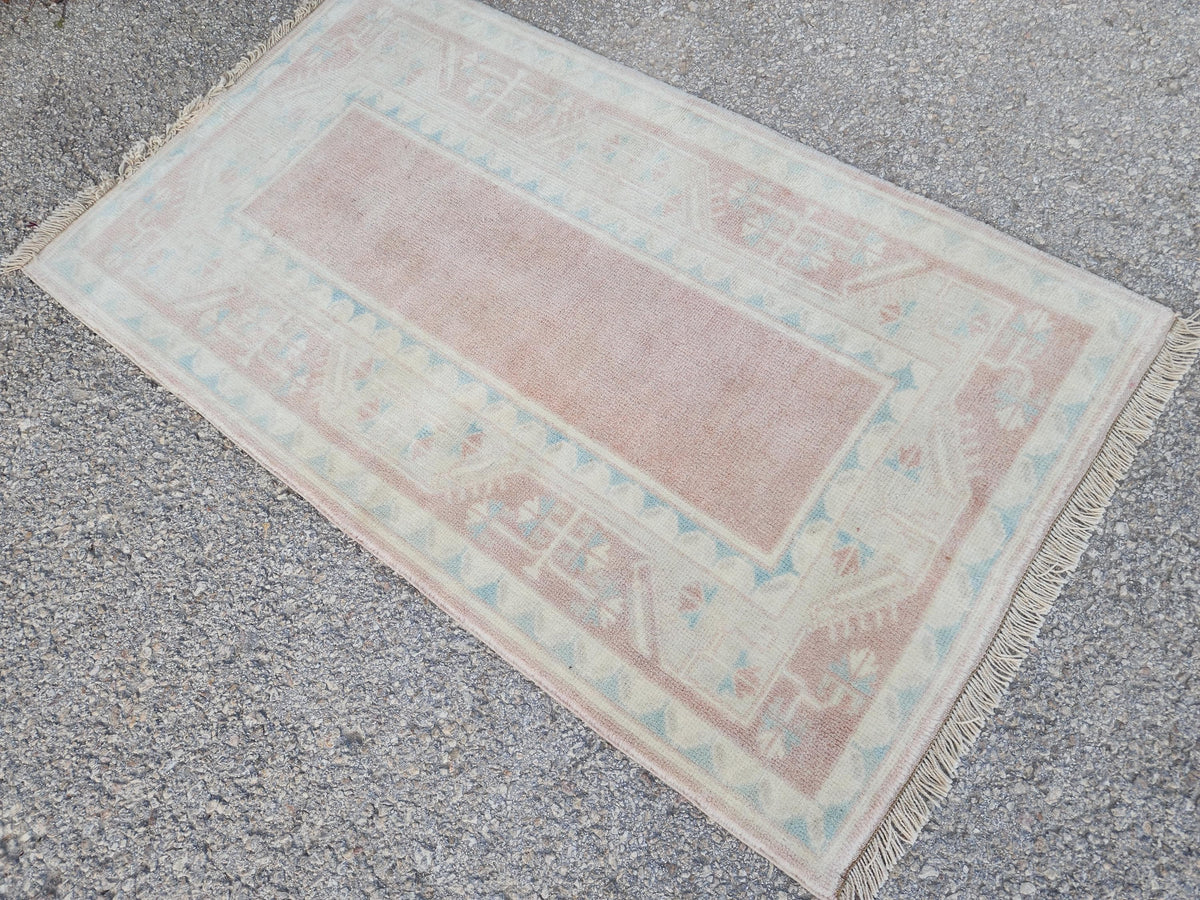 2x4 Mini Runner Rug, Oriental Hand Made Carpet For Boho Decor, Beige and Faded Red