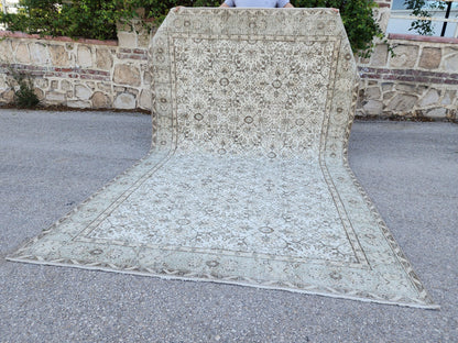 6x10 Vintage Oushak Rug: Handwoven Neutral Wool, Turkish Floral Design Isparta Rug