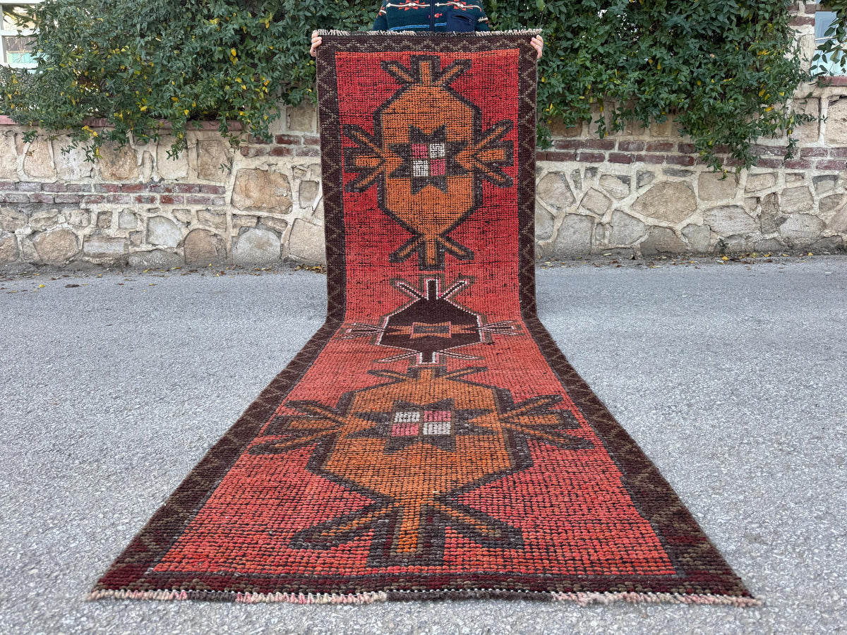 3x9 Geometric Herki Runner: Handwoven Wool in Red and Brown Tribal Design