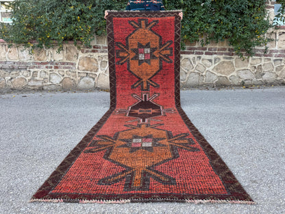 3x9 Geometric Herki Runner: Handwoven Wool in Red and Brown Tribal Design
