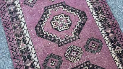 3x12 Purple Wool Runner Rug, Hand Made Rustic Decor, Kitchen Decor