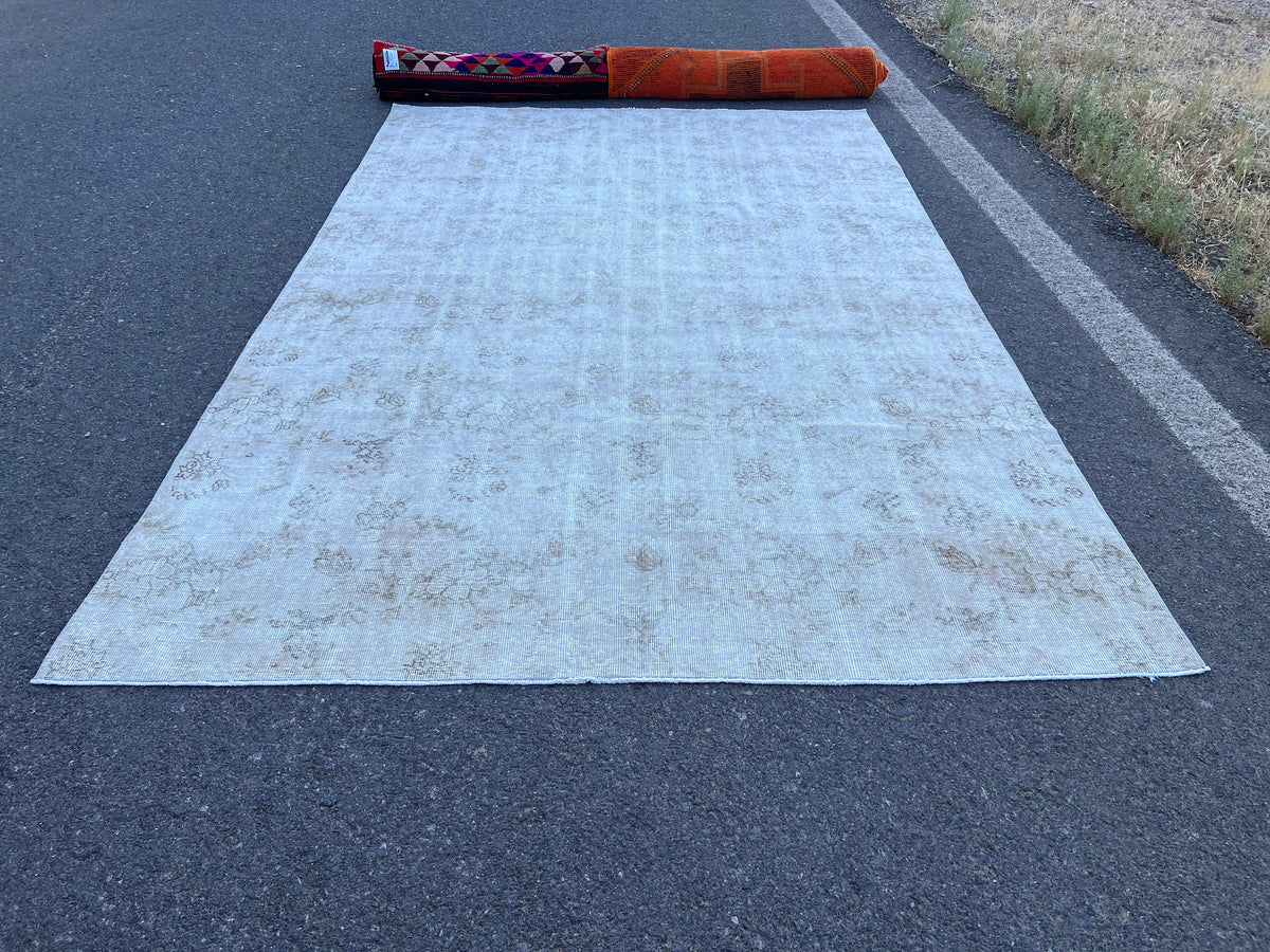 Vintage Oriental Rug 6x10: Neutral Beige Abstract Area Rug