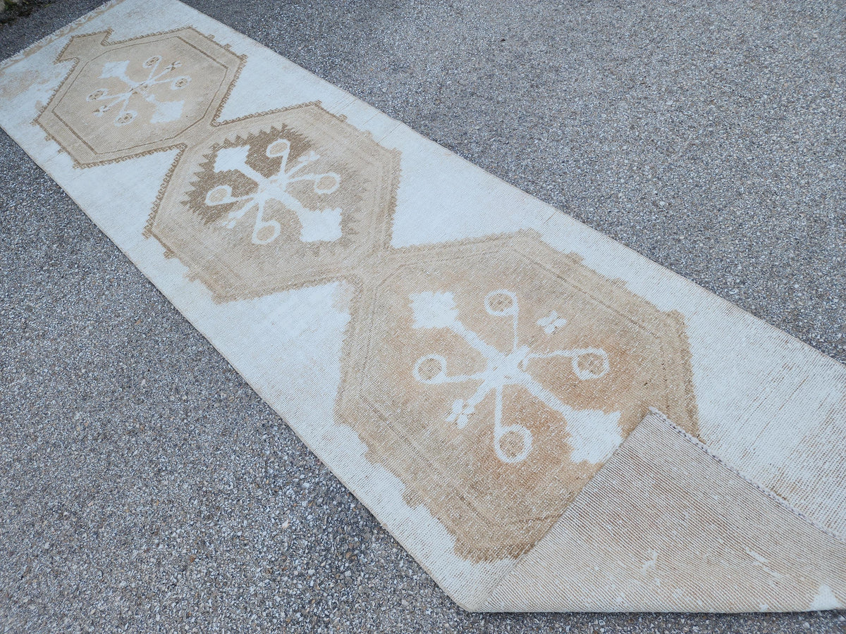 3x12 Neutral Runner Rug: Beige Turkish Handmade Boho Kitchen Decor