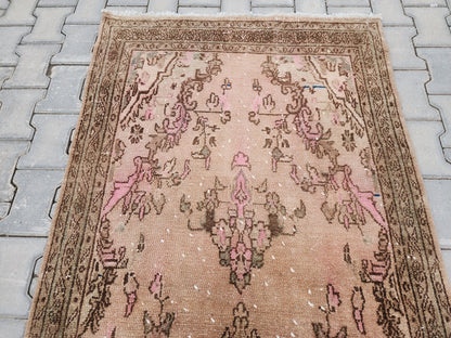 4x10 Wool Runner Rug: Vintage Hand Knotted Beige, Pink, and Brown Floral Design