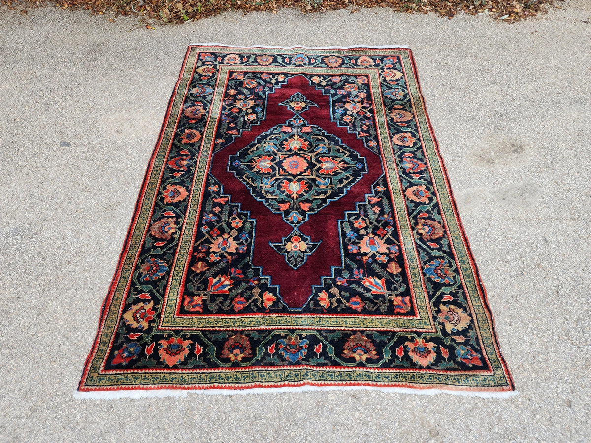 4x6 Vintage Casucacian Rug, 1980s Handmade Wool Carpet, Burgundy Navy Floral Medallion Area Rug