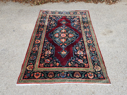 4x6 Vintage Casucacian Rug, 1980s Handmade Wool Carpet, Burgundy Navy Floral Medallion Area Rug