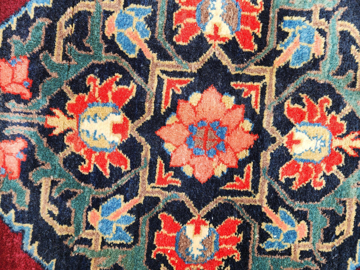 4x6 Vintage Casucacian Rug, 1980s Handmade Wool Carpet, Burgundy Navy Floral Medallion Area Rug